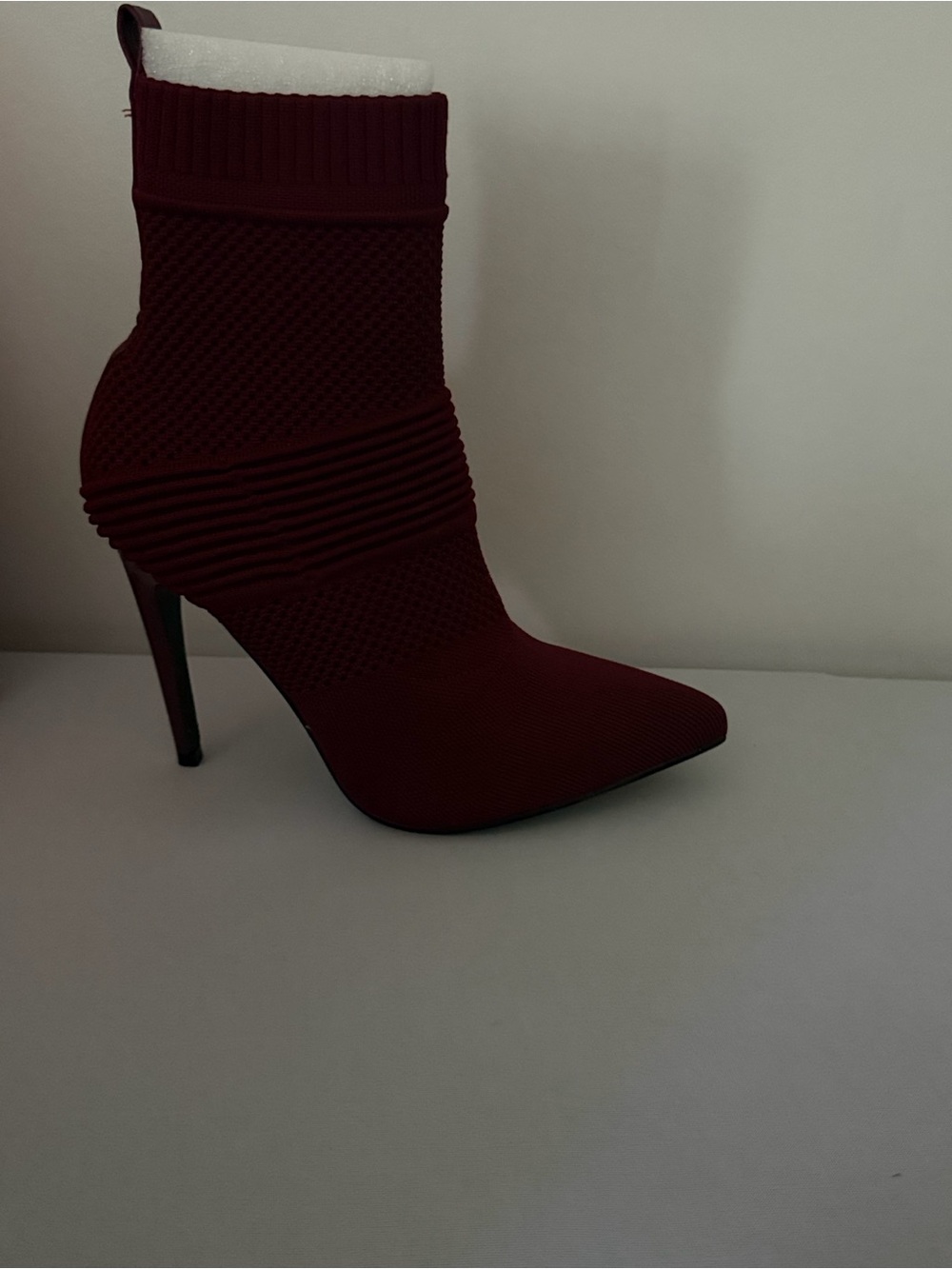 Pointed-Toe Knit Stiletto Ankle Boot - Burgundy